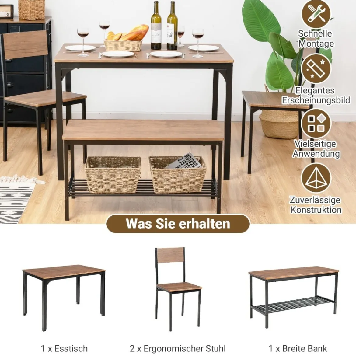 4-teiliges Esstisch und Stuhl Set mit 2 Stühlen & 1 Bank Sitzgarnitur Braun