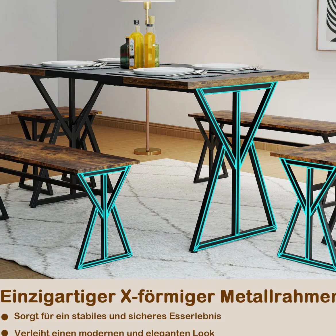 5-teiliges Esszimmer-Set für 4-6 Personen industrieller rechteckiger Küchentisch mit 2 Bänken Braun