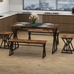 5-teiliges Esszimmer-Set für 4-6 Personen industrieller rechteckiger Küchentisch mit 2 Bänken Braun