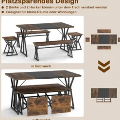 5-teiliges Esszimmer-Set für 4-6 Personen industrieller rechteckiger Küchentisch mit 2 Bänken Braun