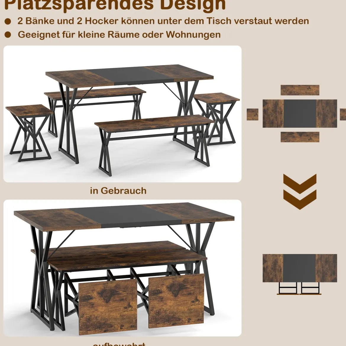 5-teiliges Esszimmer-Set für 4-6 Personen industrieller rechteckiger Küchentisch mit 2 Bänken Braun