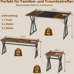 5-teiliges Esszimmer-Set für 4-6 Personen industrieller rechteckiger Küchentisch mit 2 Bänken Braun