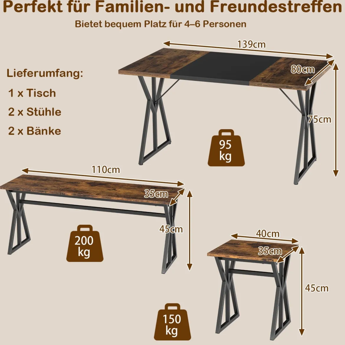 5-teiliges Esszimmer-Set für 4-6 Personen industrieller rechteckiger Küchentisch mit 2 Bänken Braun