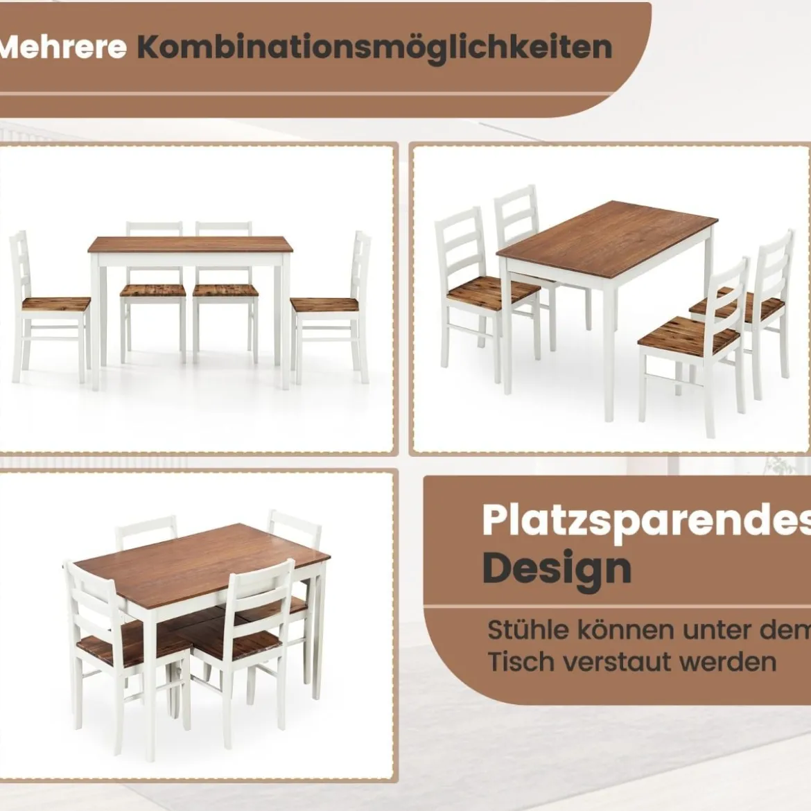 5-teiliges Esszimmer-Set mit rechteckigem Tisch & 4 Stühlen Bauernhaus-Esstisch-Set