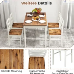 5-teiliges Esszimmer-Set mit rechteckigem Tisch & 4 Stühlen Bauernhaus-Esstisch-Set