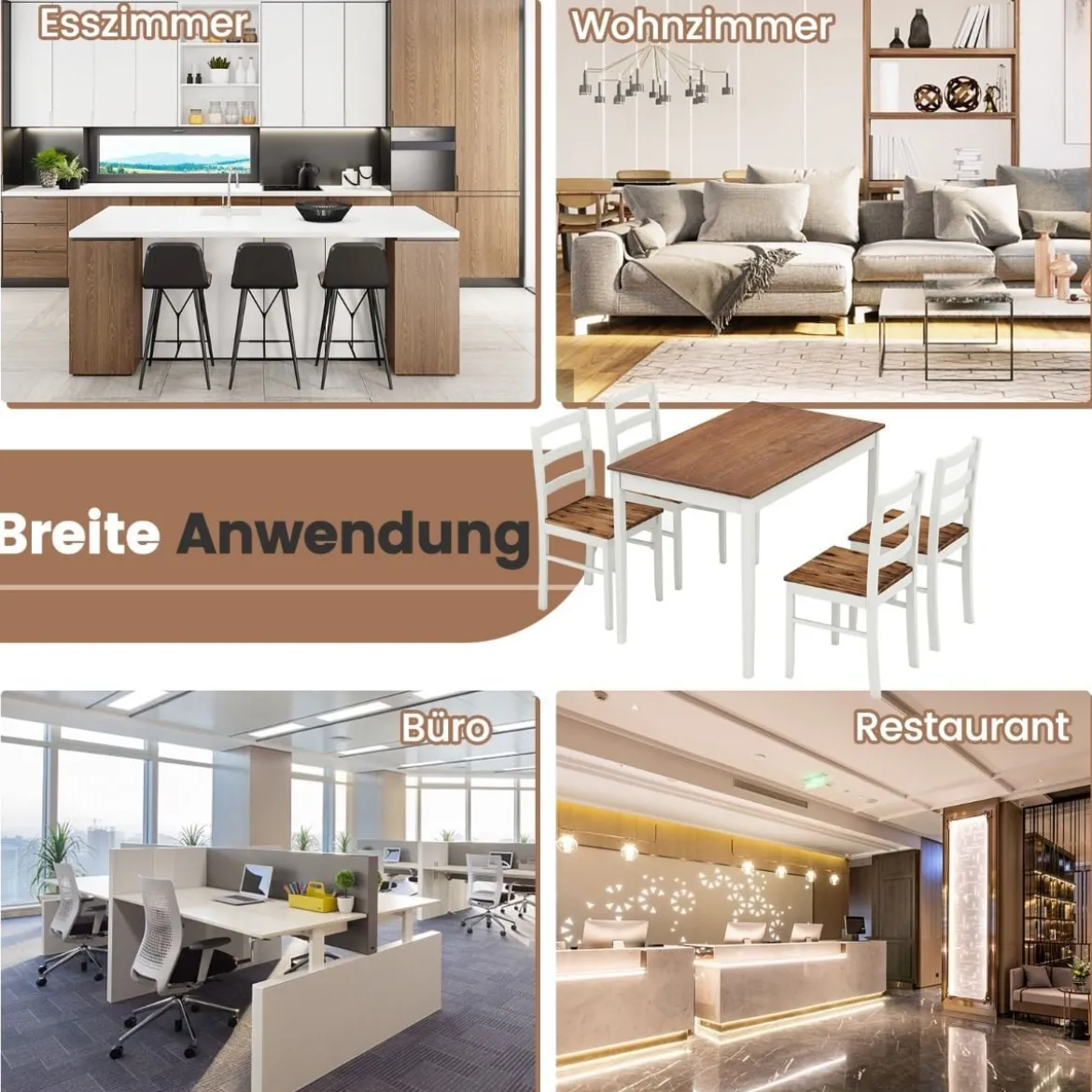 5-teiliges Esszimmer-Set mit rechteckigem Tisch & 4 Stühlen Bauernhaus-Esstisch-Set