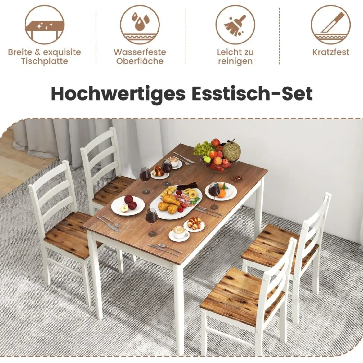 5-teiliges Esszimmer-Set mit rechteckigem Tisch & 4 Stühlen Bauernhaus-Esstisch-Set