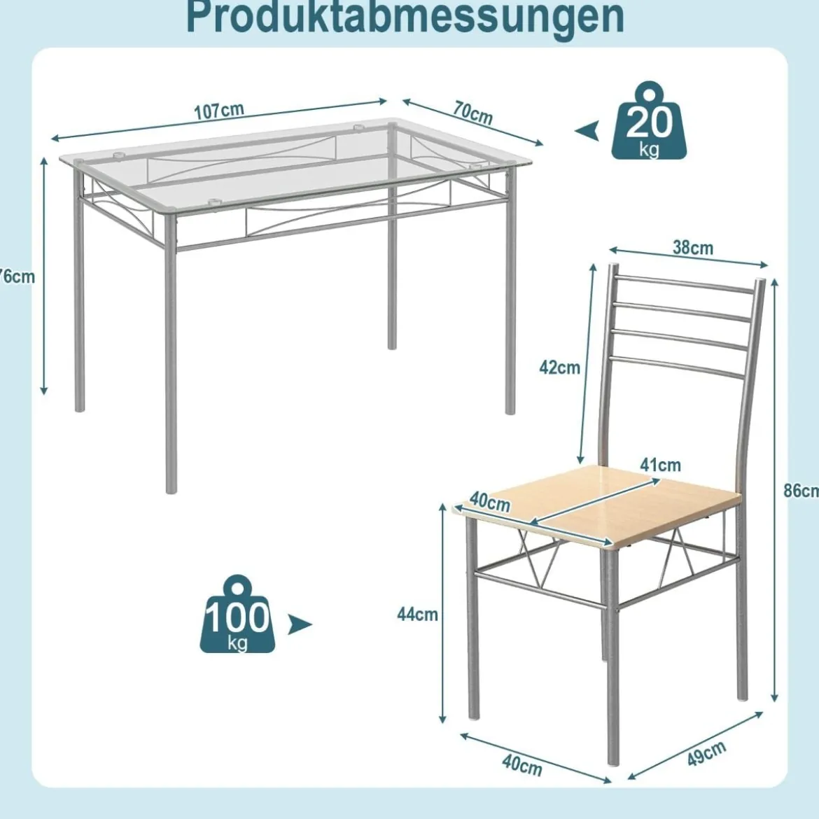 5-teiliges Esszimmer-Set Rechteckiger Esstisch aus Glas mit 4 Stühlen & Rostfreiem Metallrahmen