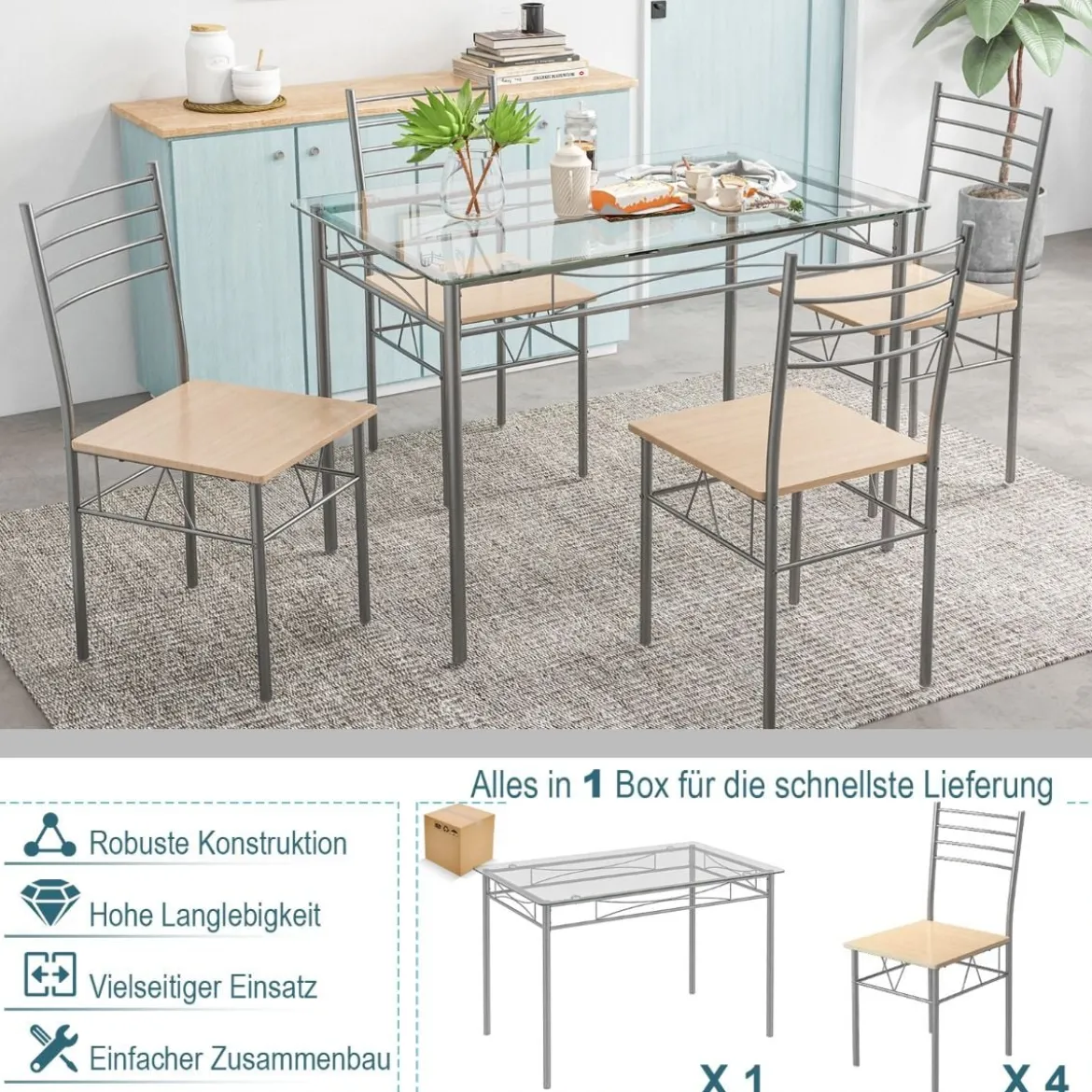 5-teiliges Esszimmer-Set Rechteckiger Esstisch aus Glas mit 4 Stühlen & Rostfreiem Metallrahmen