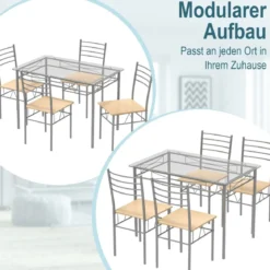 5-teiliges Esszimmer-Set Rechteckiger Esstisch aus Glas mit 4 Stühlen & Rostfreiem Metallrahmen