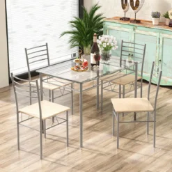 5-teiliges Esszimmer-Set Rechteckiger Esstisch aus Glas mit 4 Stühlen & Rostfreiem Metallrahmen