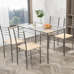 5-teiliges Esszimmer-Set Rechteckiger Esstisch aus Glas mit 4 Stühlen & Rostfreiem Metallrahmen