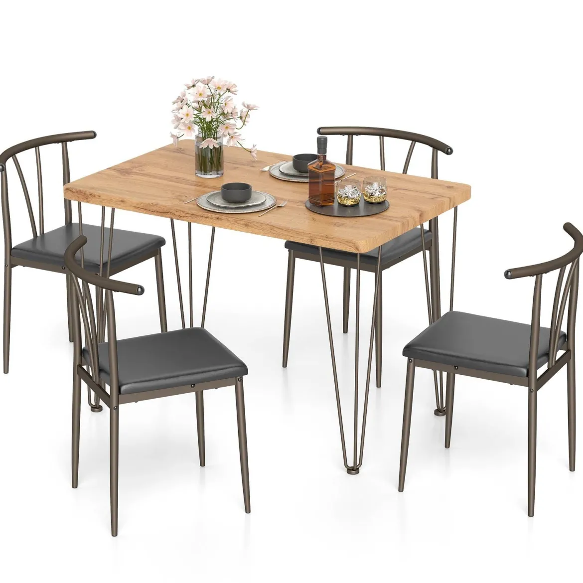 5-teiliges Esszimmertisch-Set rechteckiger Industrietisch & 4 armlose Stühle mit gepolstertem Sitz Schwarz
