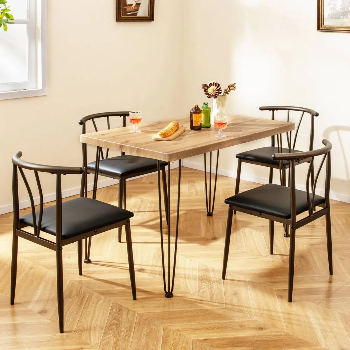 5-teiliges Esszimmertisch-Set rechteckiger Industrietisch & 4 armlose Stühle mit gepolstertem Sitz Schwarz