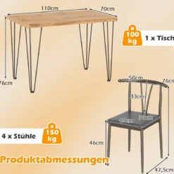5-teiliges Esszimmertisch-Set rechteckiger Industrietisch & 4 armlose Stühle mit gepolstertem Sitz Schwarz