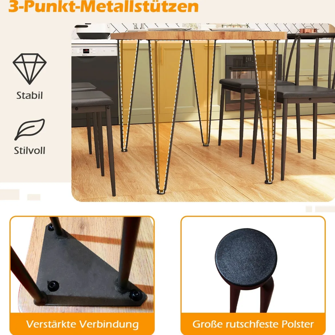 5-teiliges Esszimmertisch-Set rechteckiger Industrietisch & 4 armlose Stühle mit gepolstertem Sitz Schwarz