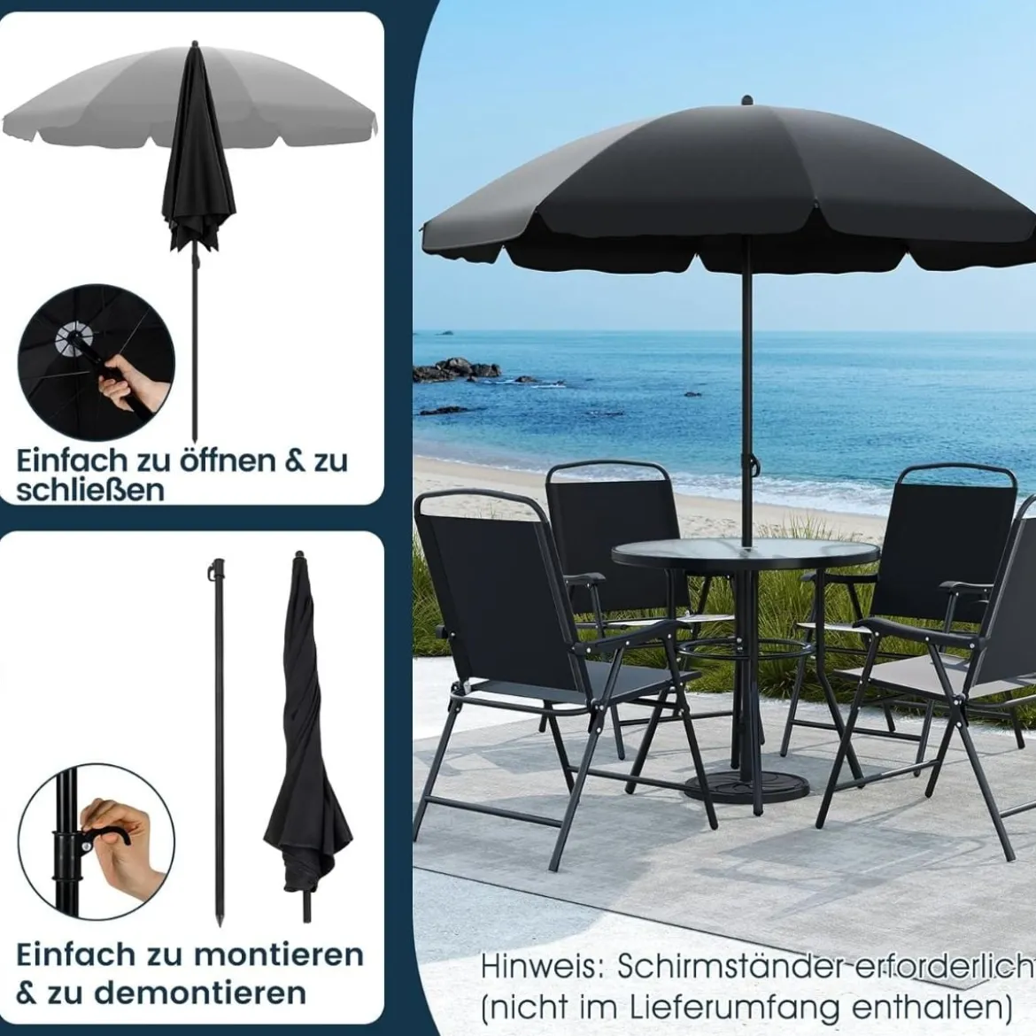 6-teiliges Garten-Essset mit Sonnenschirm Outdoor-Tisch und Stuhlset mit 4 Klappstühlen Schwarz