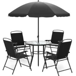 6-teiliges Garten-Essset mit Sonnenschirm Outdoor-Tisch und Stuhlset mit 4 Klappstühlen Schwarz