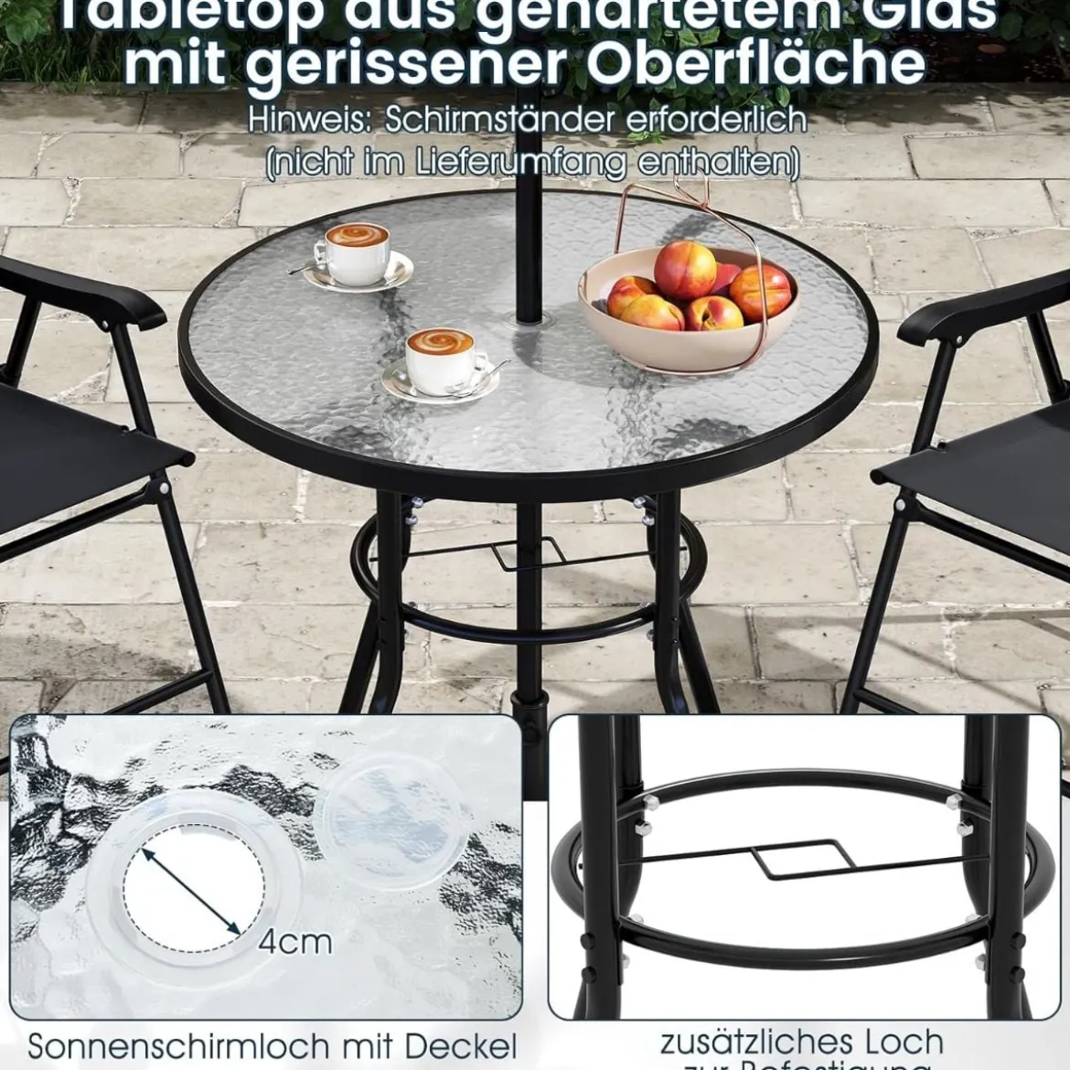 6-teiliges Garten-Essset mit Sonnenschirm Outdoor-Tisch und Stuhlset mit 4 Klappstühlen Schwarz