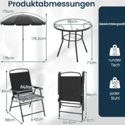 6-teiliges Garten-Essset mit Sonnenschirm Outdoor-Tisch und Stuhlset mit 4 Klappstühlen Schwarz