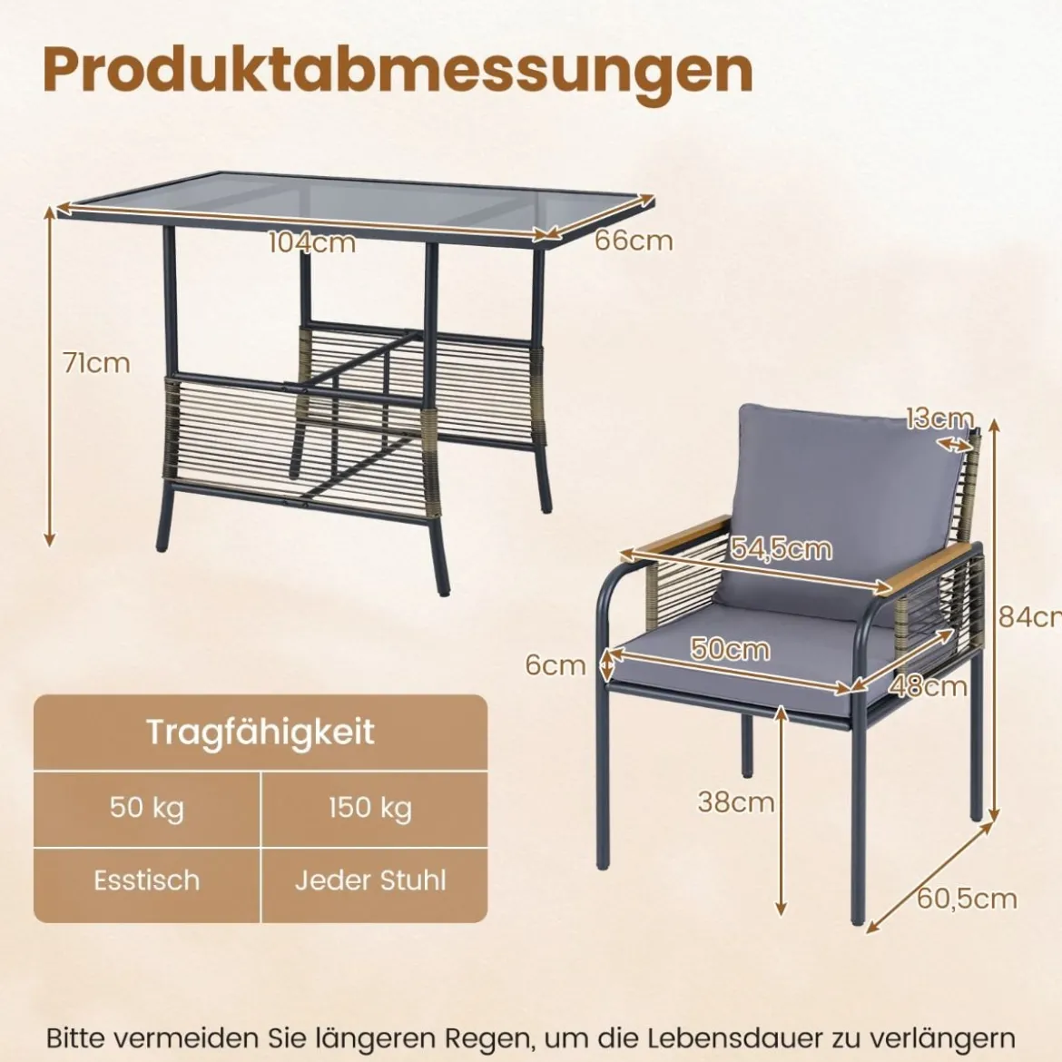 3-teiliges Garten-Lounge-Set aus Rattan platzsparendes Outdoor-Ess-Set mit Kissen rechteckiger Gartentisch Grau