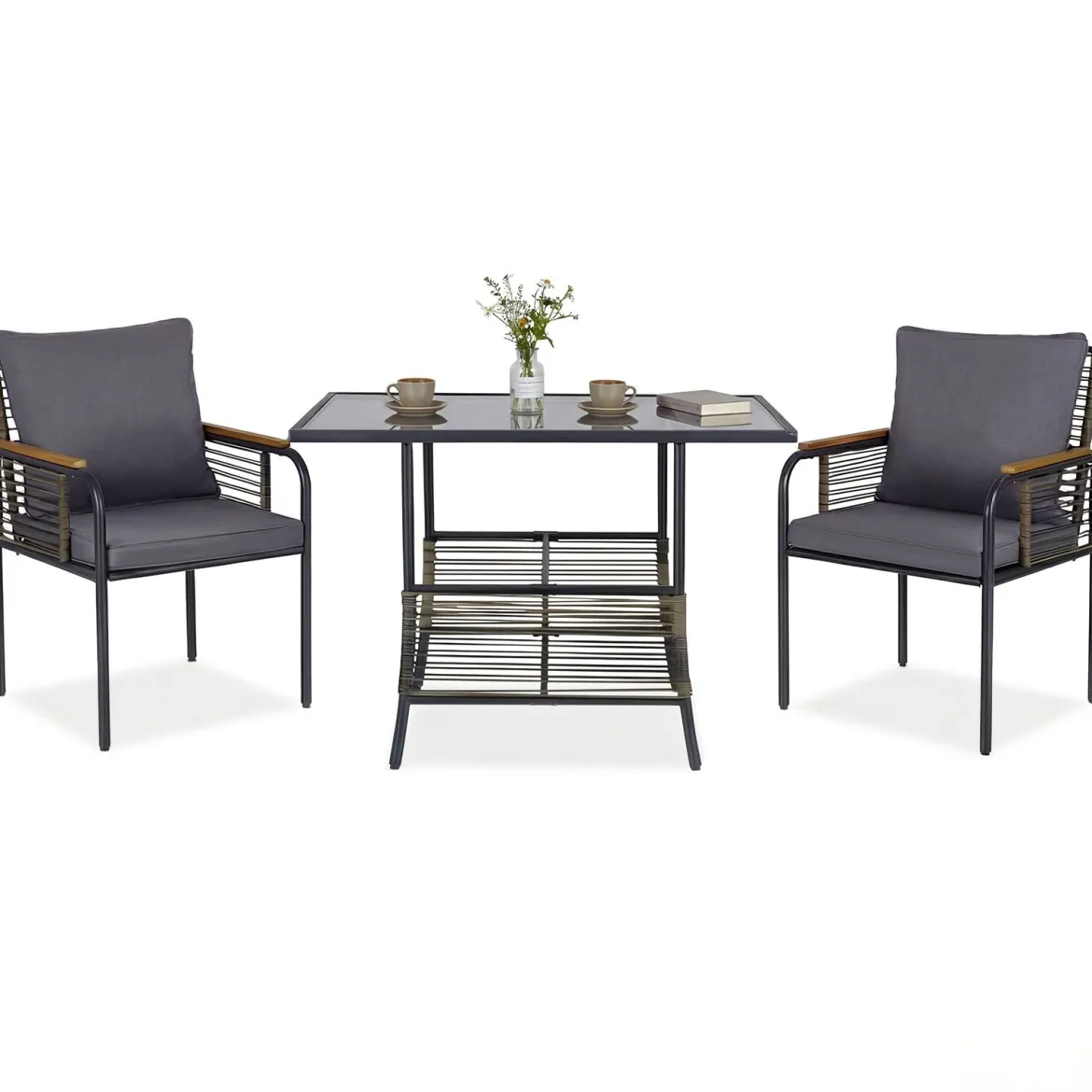 3-teiliges Garten-Lounge-Set aus Rattan platzsparendes Outdoor-Ess-Set mit Kissen rechteckiger Gartentisch Grau