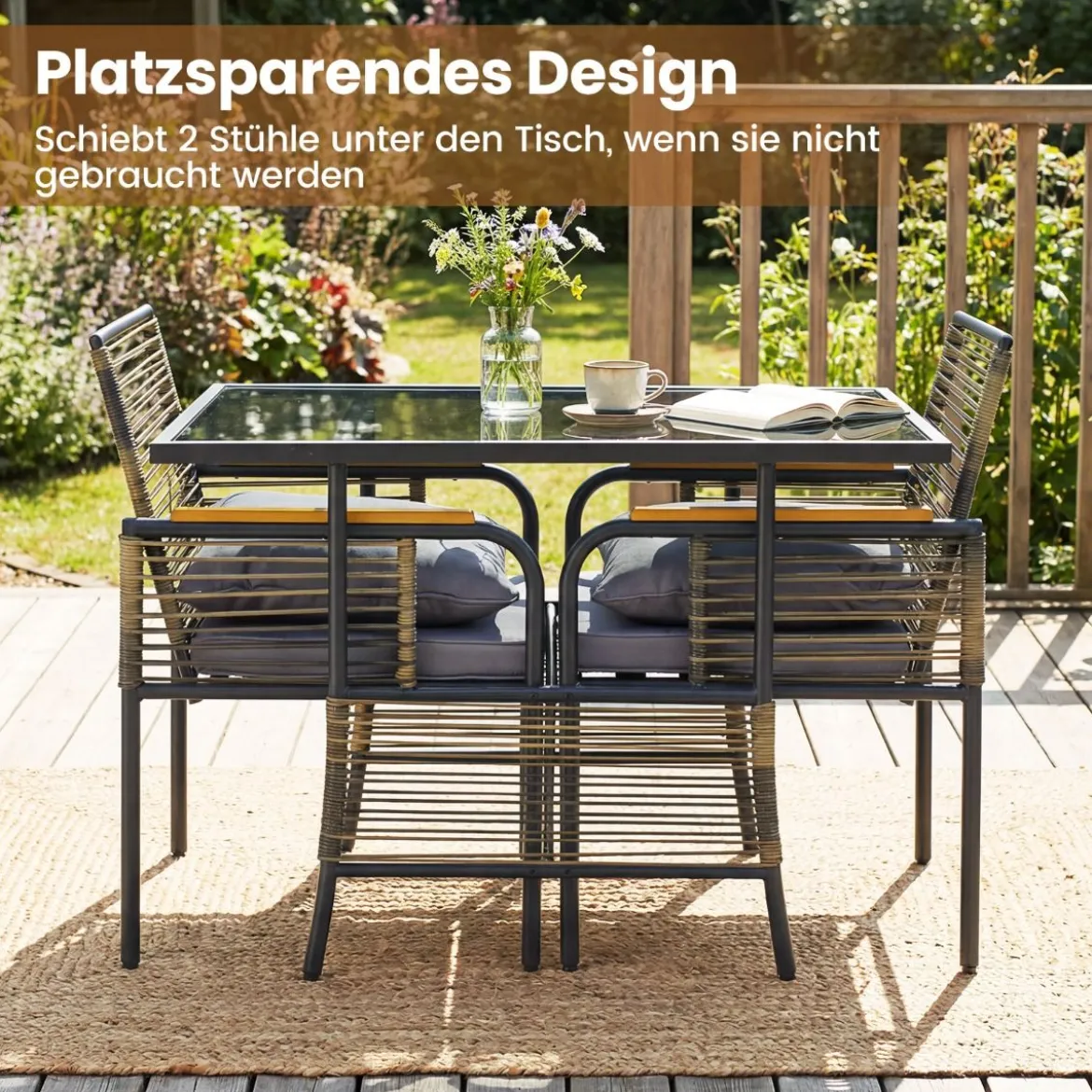 3-teiliges Garten-Lounge-Set aus Rattan platzsparendes Outdoor-Ess-Set mit Kissen rechteckiger Gartentisch Grau