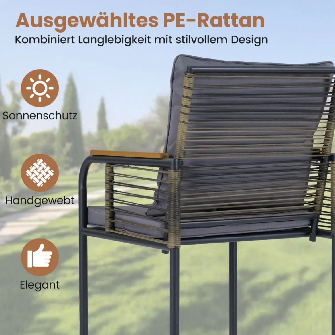 3-teiliges Garten-Lounge-Set aus Rattan platzsparendes Outdoor-Ess-Set mit Kissen rechteckiger Gartentisch Grau