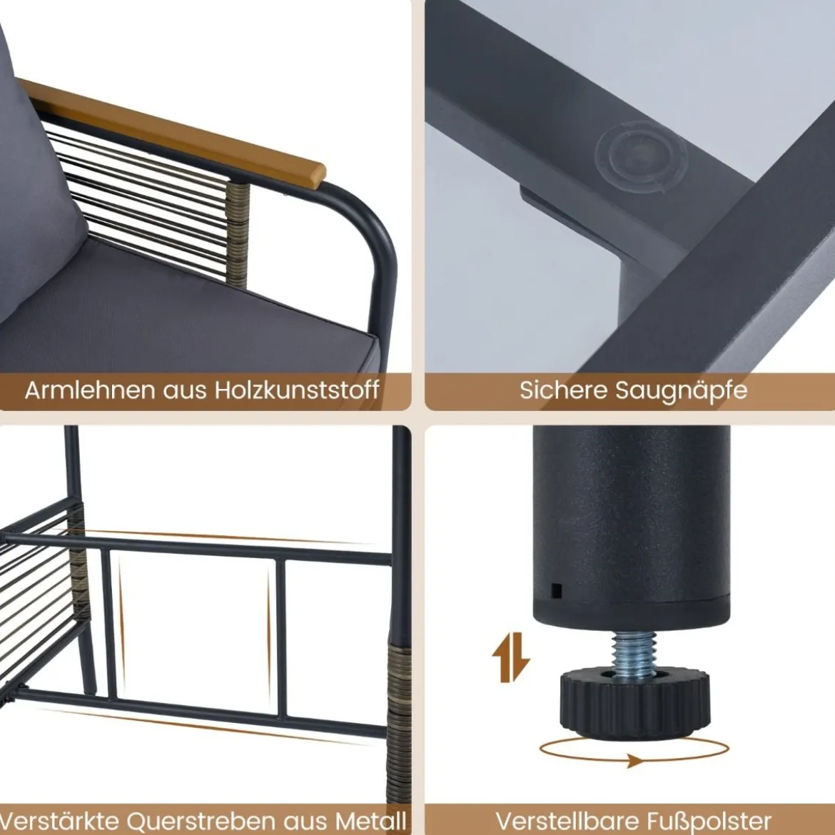 3-teiliges Garten-Lounge-Set aus Rattan platzsparendes Outdoor-Ess-Set mit Kissen rechteckiger Gartentisch Grau