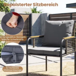 3-teiliges Garten-Lounge-Set aus Rattan platzsparendes Outdoor-Ess-Set mit Kissen rechteckiger Gartentisch Grau