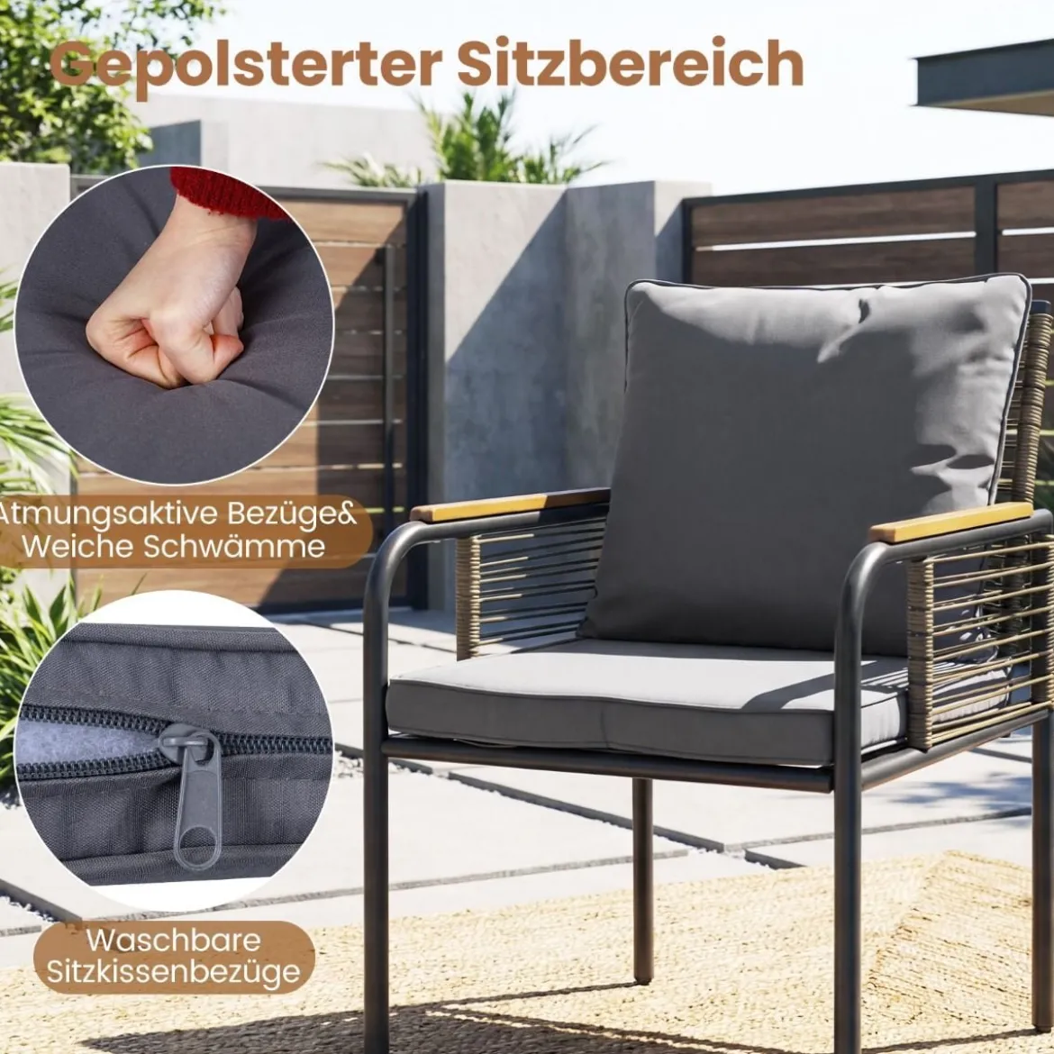 3-teiliges Garten-Lounge-Set aus Rattan platzsparendes Outdoor-Ess-Set mit Kissen rechteckiger Gartentisch Grau