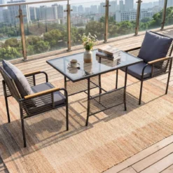 3-teiliges Garten-Lounge-Set aus Rattan platzsparendes Outdoor-Ess-Set mit Kissen rechteckiger Gartentisch Grau