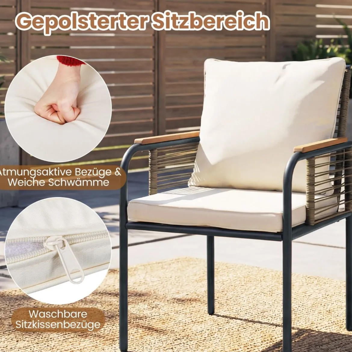 3-teiliges Garten-Lounge-Set aus Rattan platzsparendes Outdoor-Ess-Set mit Kissen rechteckiger Gartentisch Weiß