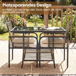 3-teiliges Garten-Lounge-Set aus Rattan platzsparendes Outdoor-Ess-Set mit Kissen rechteckiger Gartentisch Weiß