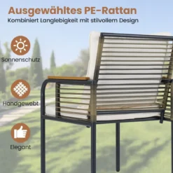3-teiliges Garten-Lounge-Set aus Rattan platzsparendes Outdoor-Ess-Set mit Kissen rechteckiger Gartentisch Weiß