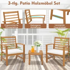 3-teiliges Gartenmöbel-Set aus Akazienholz mit Weichen Sitzkissen & Stabilem Akazienholzrahmen