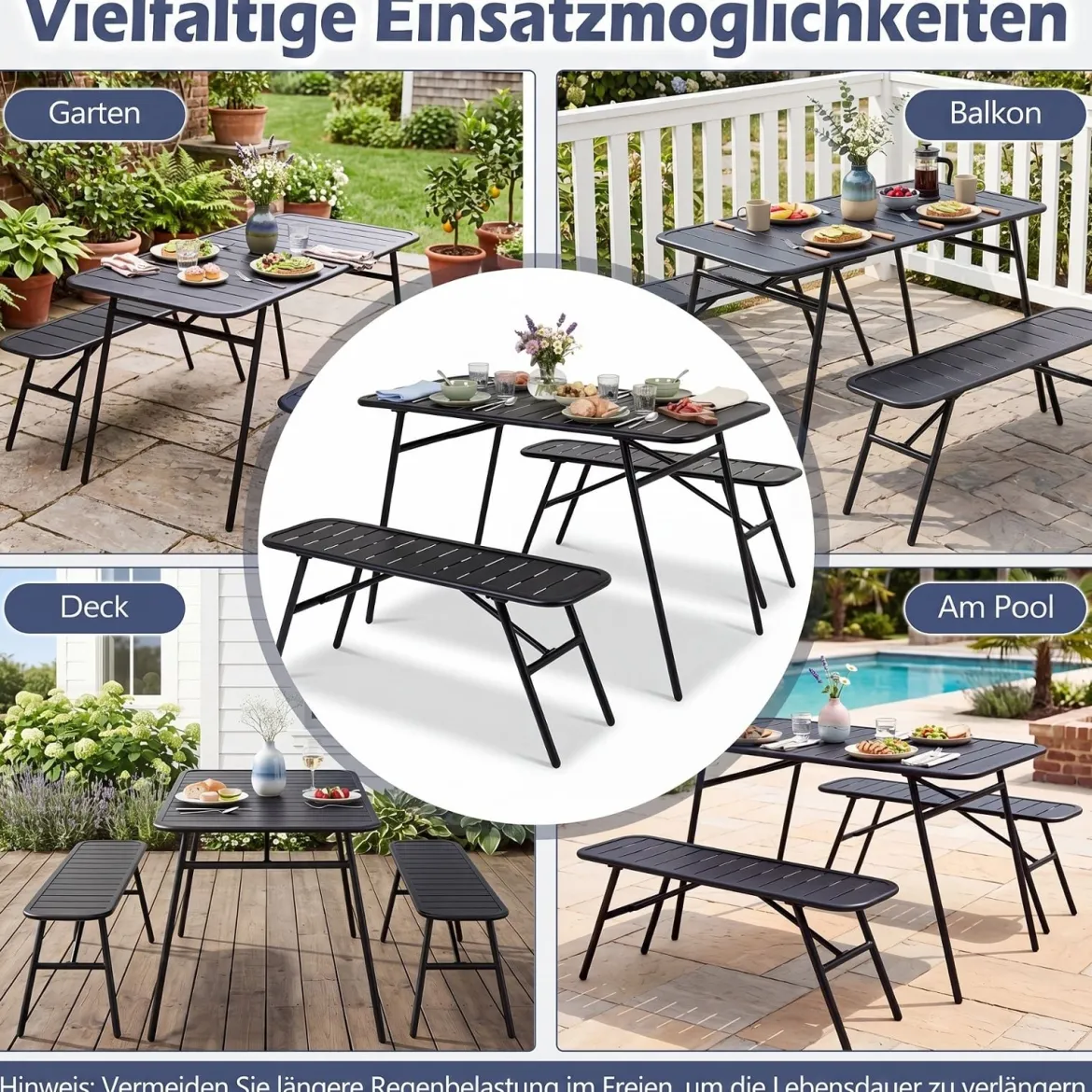 3-teiliges Gartenmöbel Set aus Metall Balkonmöbel mit Tisch & 2 Sitzbänke Belastbar bis 150 kg