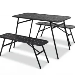 3-teiliges Gartenmöbel Set aus Metall Balkonmöbel mit Tisch & 2 Sitzbänke Belastbar bis 150 kg
