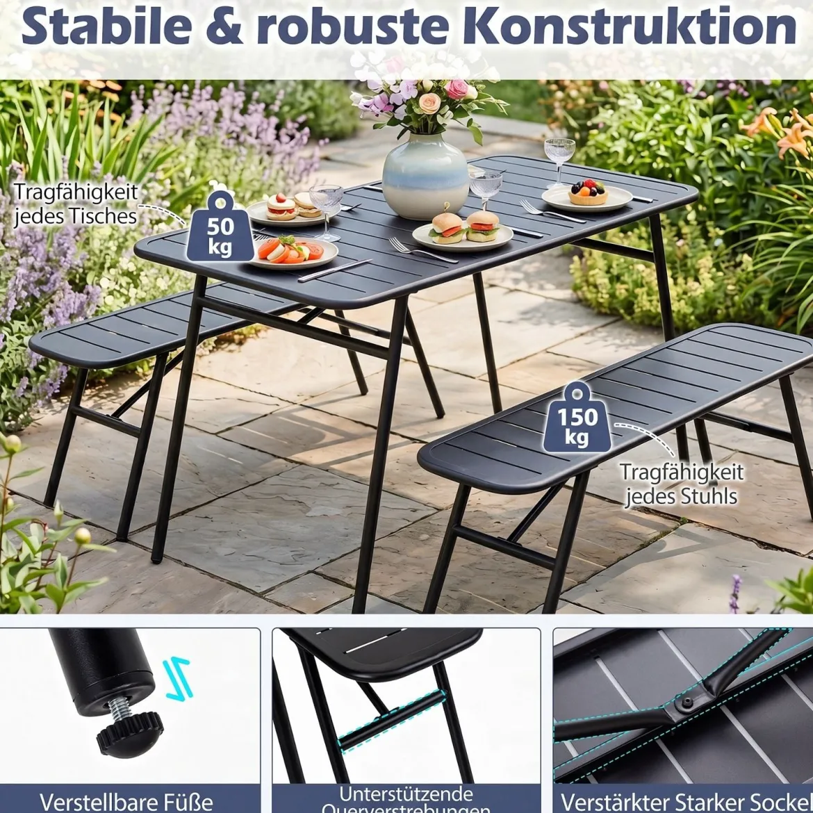 3-teiliges Gartenmöbel Set aus Metall Balkonmöbel mit Tisch & 2 Sitzbänke Belastbar bis 150 kg