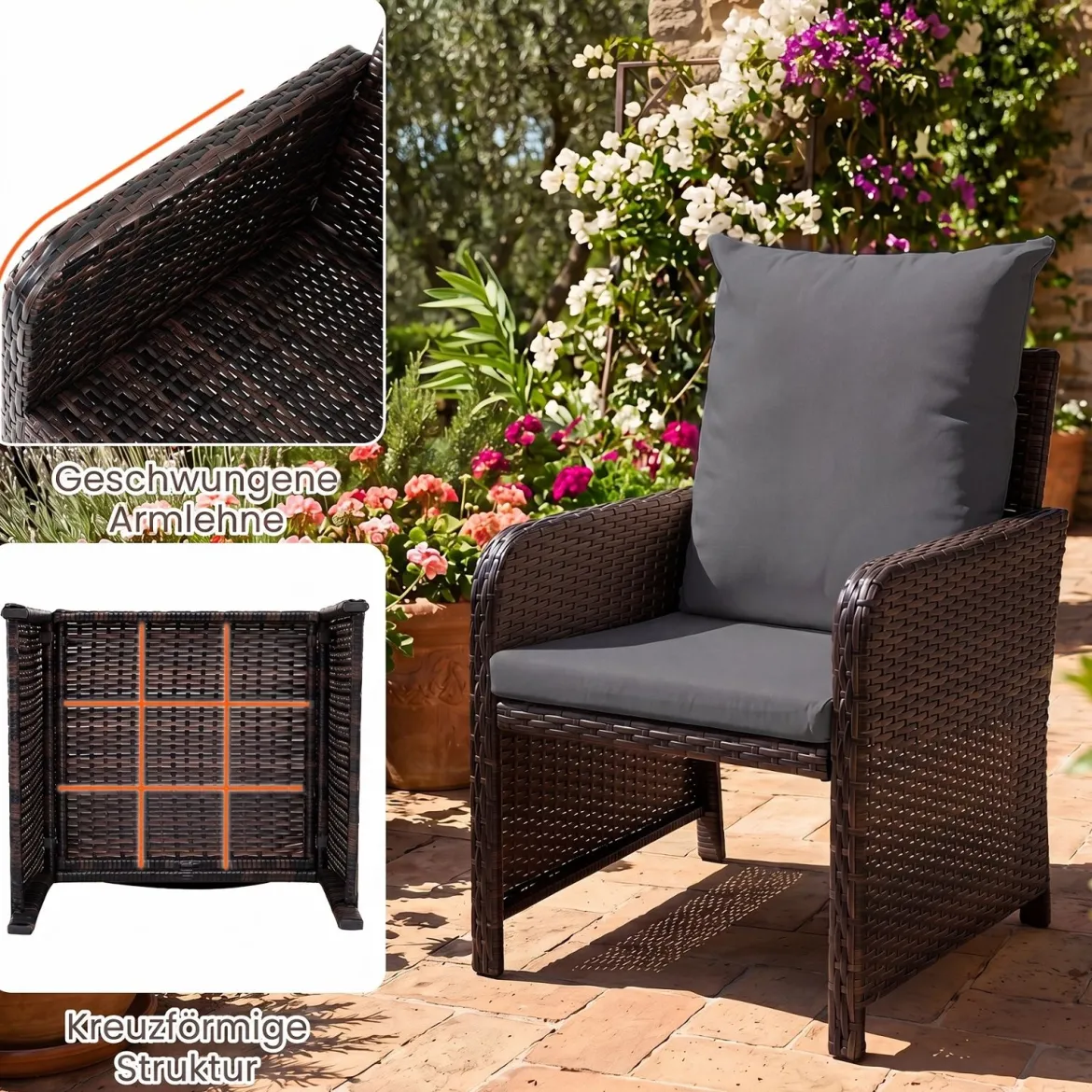 5-teiliges Gartenmöbel-Set aus Polyrattan Balkonmöbel mit 2 Sessel 2 Hocker & Glastisch Grau