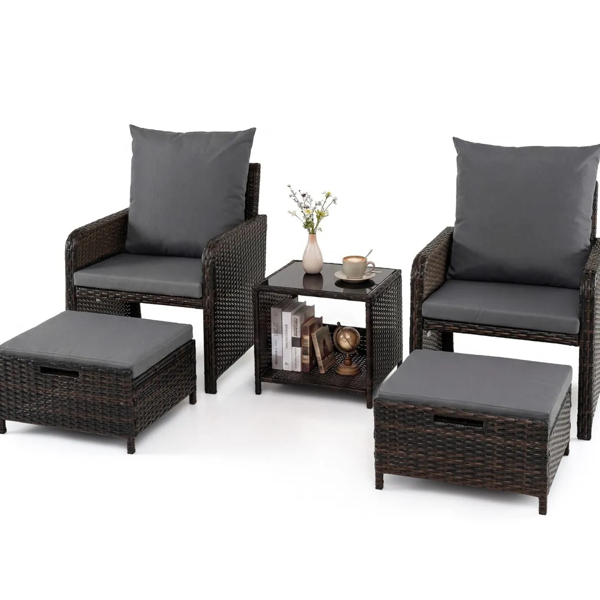 5-teiliges Gartenmöbel-Set aus Polyrattan Balkonmöbel mit 2 Sessel 2 Hocker & Glastisch Grau
