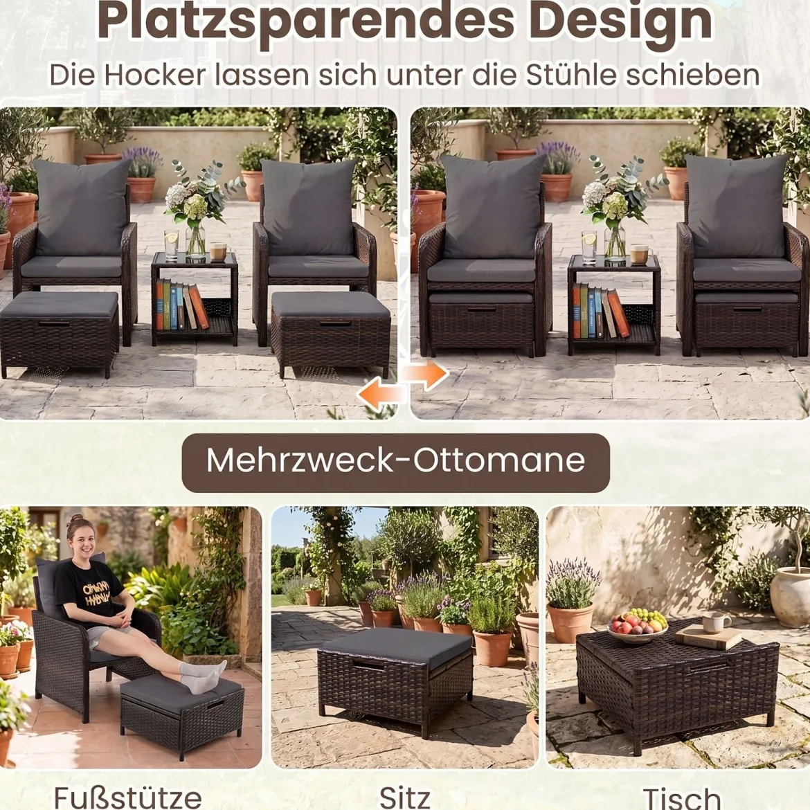 5-teiliges Gartenmöbel-Set aus Polyrattan Balkonmöbel mit 2 Sessel 2 Hocker & Glastisch Grau