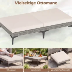 5-Teiliges Gartenmöbel Set aus Polyrattan Balkonmöbel Set inkl. 2 Sofas 2 Fußhockern & 1 Couchtisch Weiß/Grau
