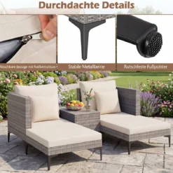 5-Teiliges Gartenmöbel Set aus Polyrattan Balkonmöbel Set inkl. 2 Sofas 2 Fußhockern & 1 Couchtisch Weiß/Grau