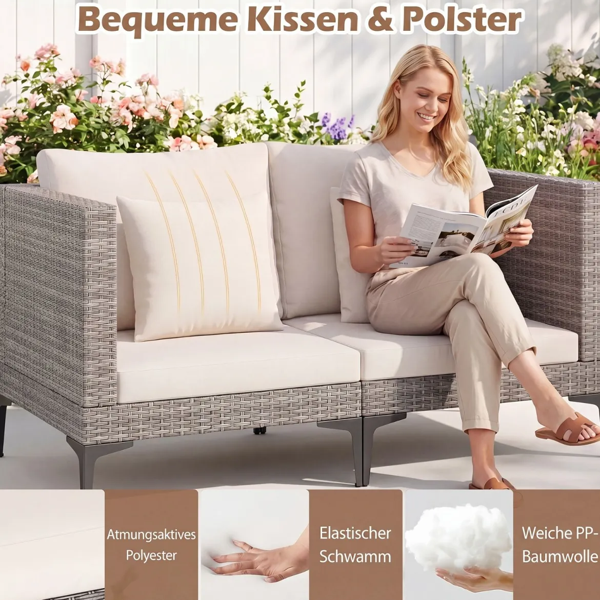 5-Teiliges Gartenmöbel Set aus Polyrattan Balkonmöbel Set inkl. 2 Sofas 2 Fußhockern & 1 Couchtisch Weiß/Grau