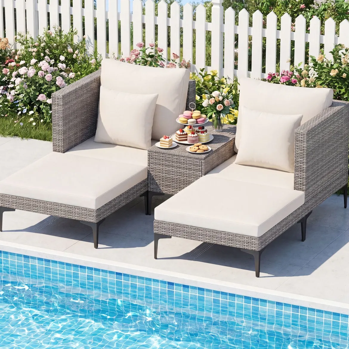 5-Teiliges Gartenmöbel Set aus Polyrattan Balkonmöbel Set inkl. 2 Sofas 2 Fußhockern & 1 Couchtisch Weiß/Grau