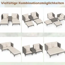 5-Teiliges Gartenmöbel Set aus Polyrattan Balkonmöbel Set inkl. 2 Sofas 2 Fußhockern & 1 Couchtisch Weiß/Grau