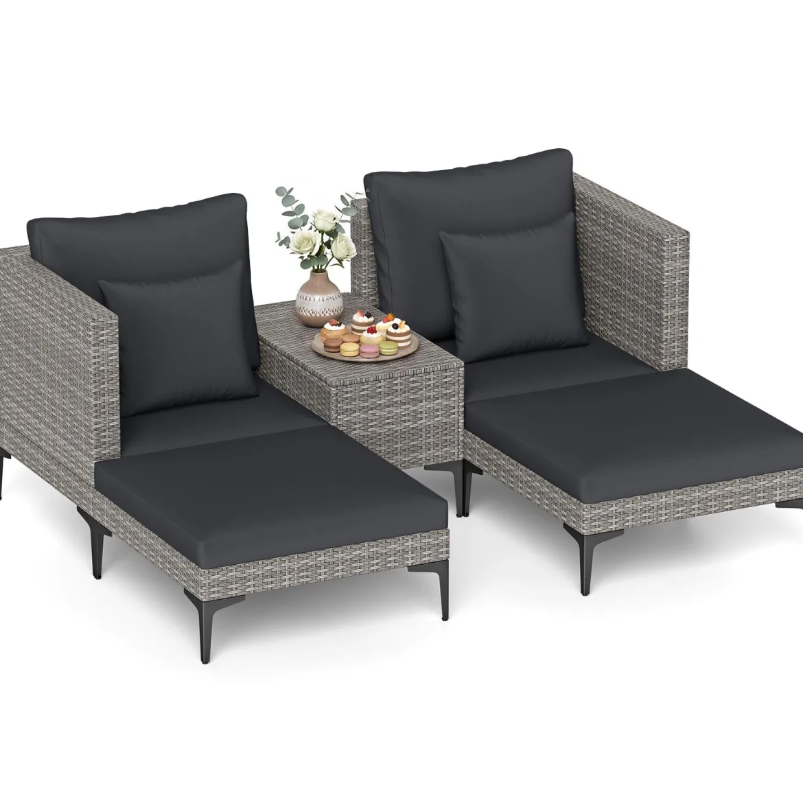 5-Teiliges Gartenmöbel Set aus Polyrattan Balkonmöbel Set inkl. 2 Sofas 2 Fußhockern & 1 Couchtisch Weiß/Grau