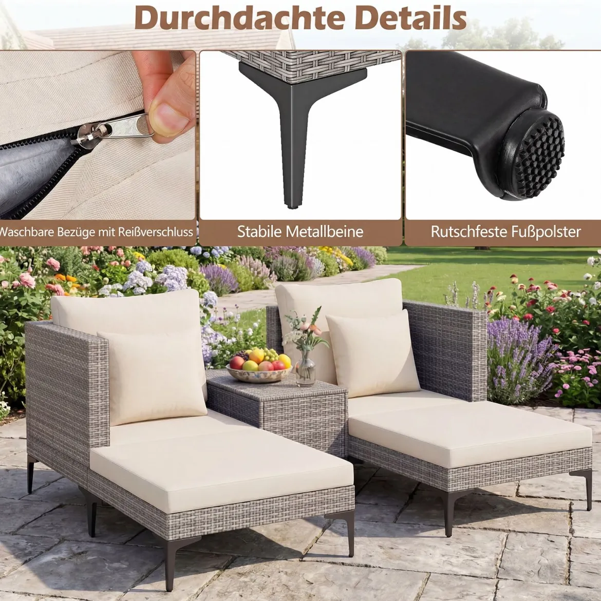 5-Teiliges Gartenmöbel Set aus Polyrattan Balkonmöbel Set inkl. 2 Sofas 2 Fußhockern & 1 Couchtisch Weiß/Grau