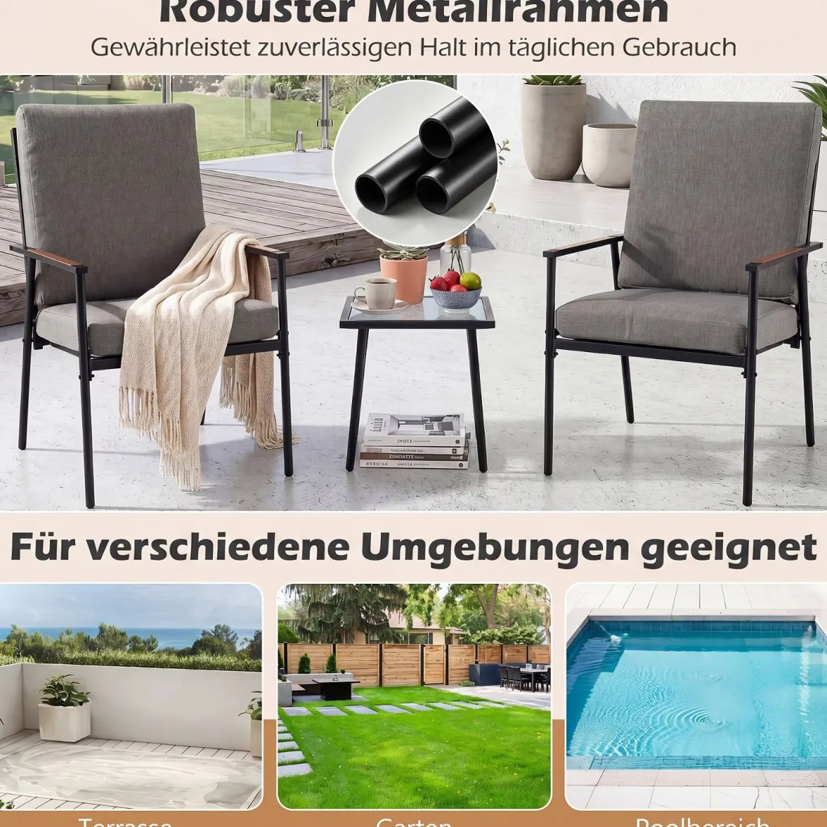 3-teiliges Gartenmöbel Set Balkonmöbel mit 2 Stühlen aus Metallrahmen & Tisch mit Glasplatte Grau
